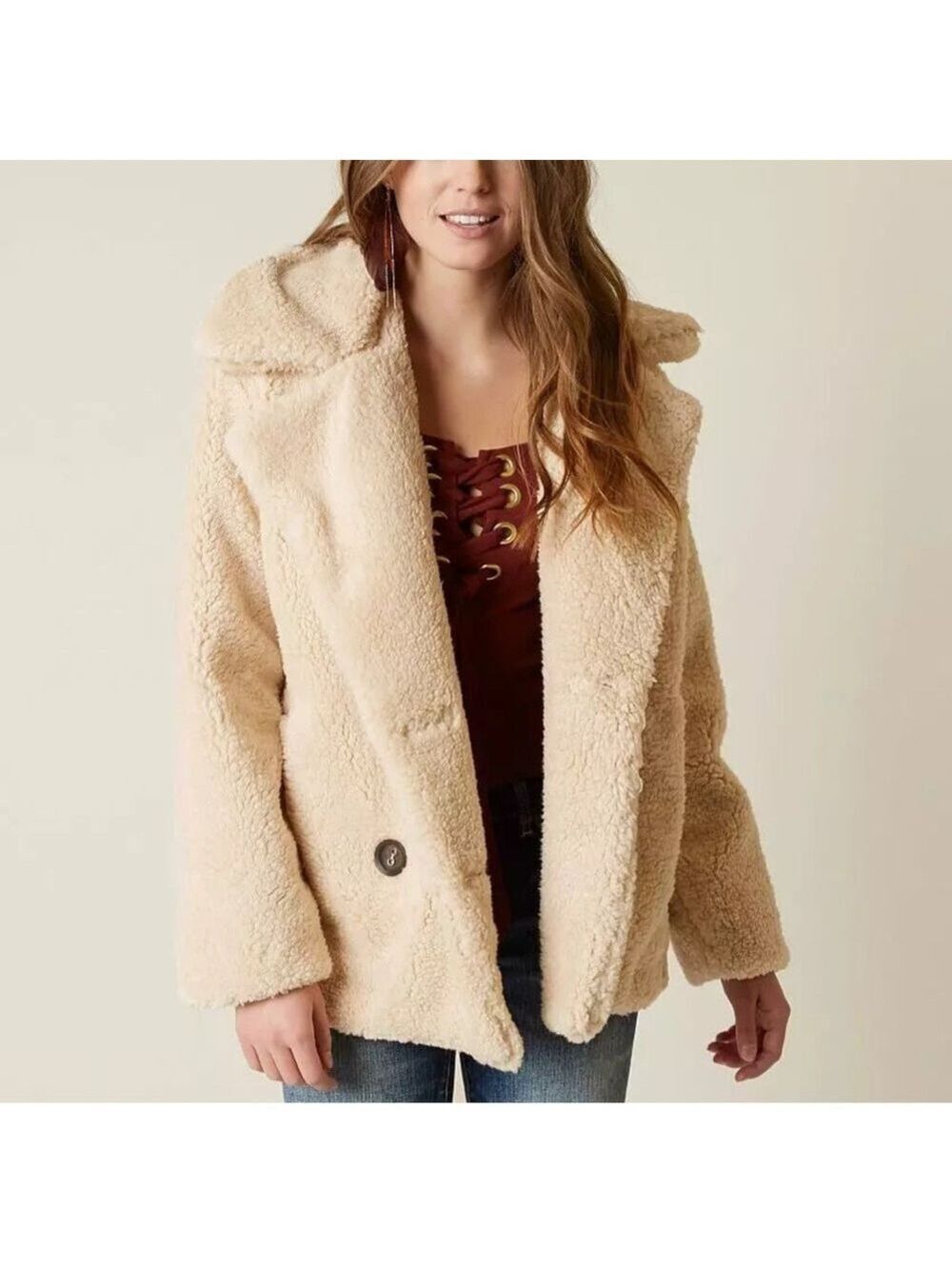 Free people peacoat lined double breasted Cream Teddy winter Coat medium